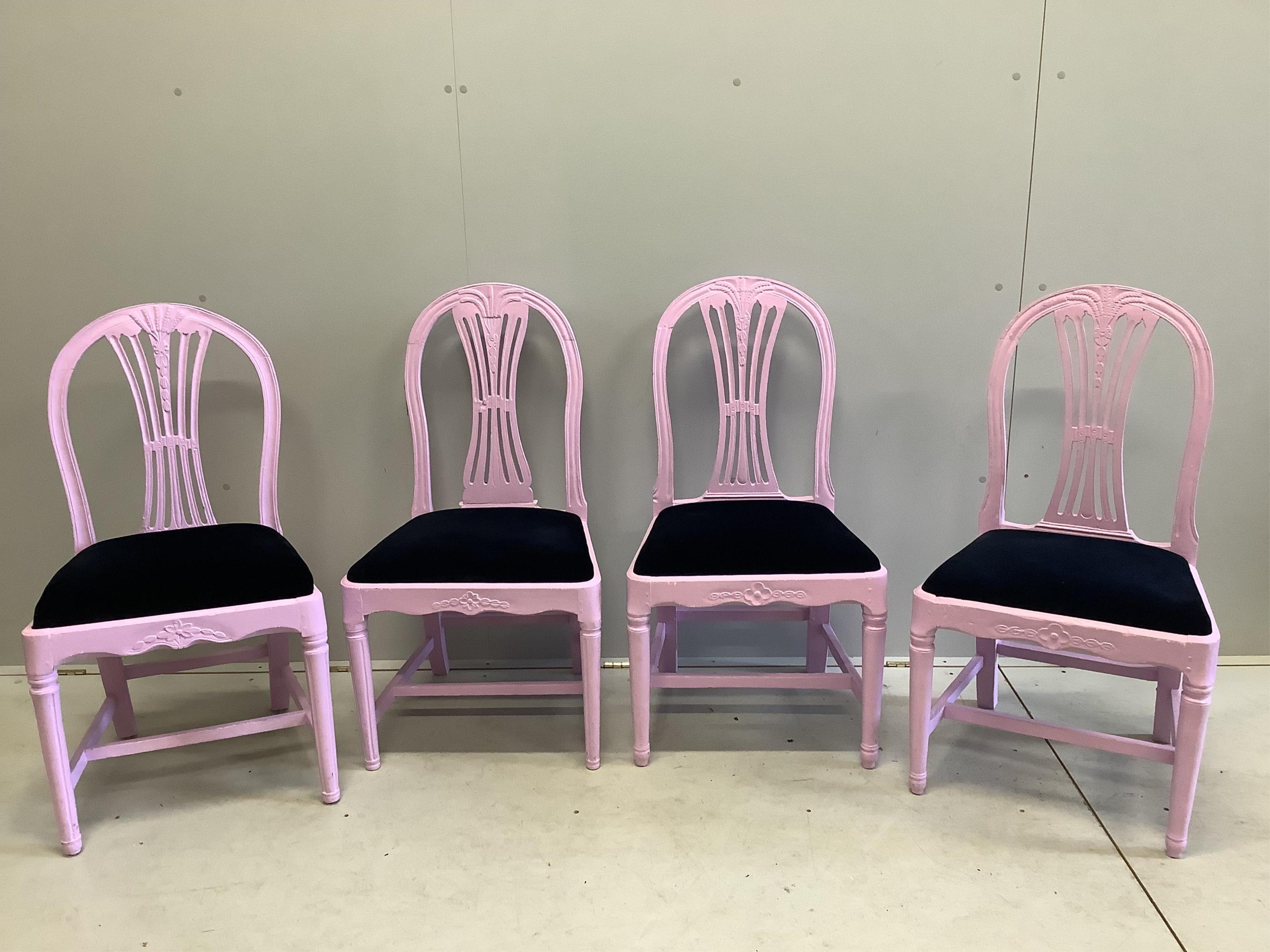 A set of four Hepplewhite style dining chairs, later painted pink, width 50cm, height 94cm. Condition - good